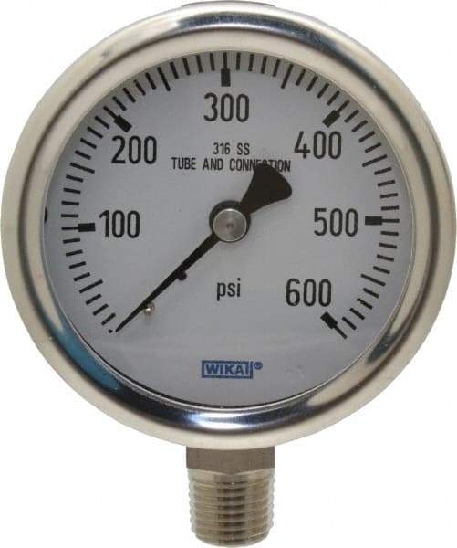Wika - 2-1/2" Dial, 1/4 Thread, 0-600 Scale Range, Pressure Gauge - Lower Connection Mount, Accurate to 1.5% of Scale - USA Tool & Supply