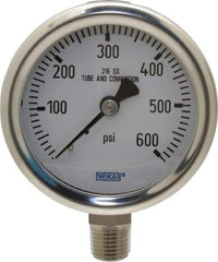 Wika - 2-1/2" Dial, 1/4 Thread, 0-600 Scale Range, Pressure Gauge - Lower Connection Mount, Accurate to 1.5% of Scale - USA Tool & Supply
