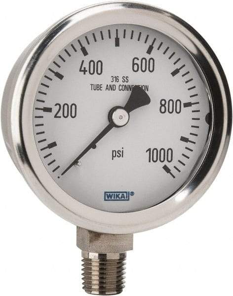 Wika - 2-1/2" Dial, 1/4 Thread, 0-1,000 Scale Range, Pressure Gauge - Lower Connection Mount, Accurate to 1.5% of Scale - USA Tool & Supply