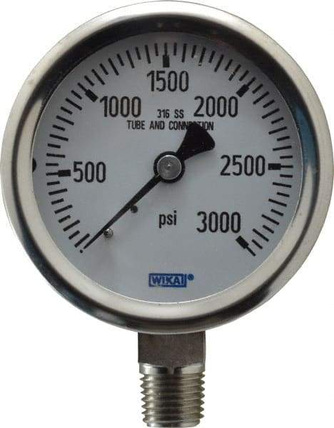 Wika - 2-1/2" Dial, 1/4 Thread, 0-3,000 Scale Range, Pressure Gauge - Lower Connection Mount, Accurate to 1.5% of Scale - USA Tool & Supply