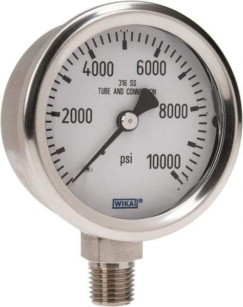 Wika - 2-1/2" Dial, 1/4 Thread, 0-10,000 Scale Range, Pressure Gauge - Lower Connection Mount, Accurate to 1.5% of Scale - USA Tool & Supply