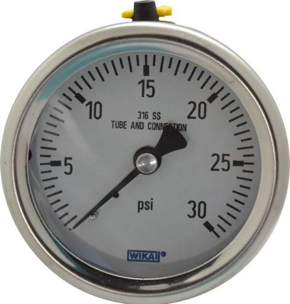 Wika - 2-1/2" Dial, 1/4 Thread, 0-30 Scale Range, Pressure Gauge - Center Back Connection Mount, Accurate to 1.5% of Scale - USA Tool & Supply