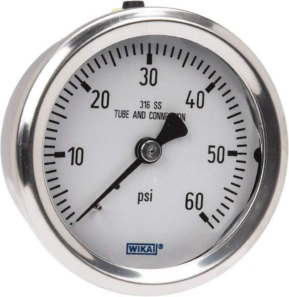 Wika - 2-1/2" Dial, 1/4 Thread, 0-60 Scale Range, Pressure Gauge - Center Back Connection Mount, Accurate to 1.5% of Scale - USA Tool & Supply
