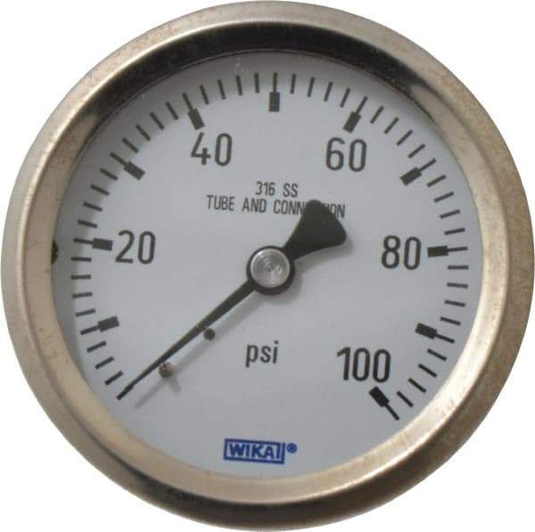 Wika - 2-1/2" Dial, 1/4 Thread, 0-100 Scale Range, Pressure Gauge - Center Back Connection Mount, Accurate to 1.5% of Scale - USA Tool & Supply