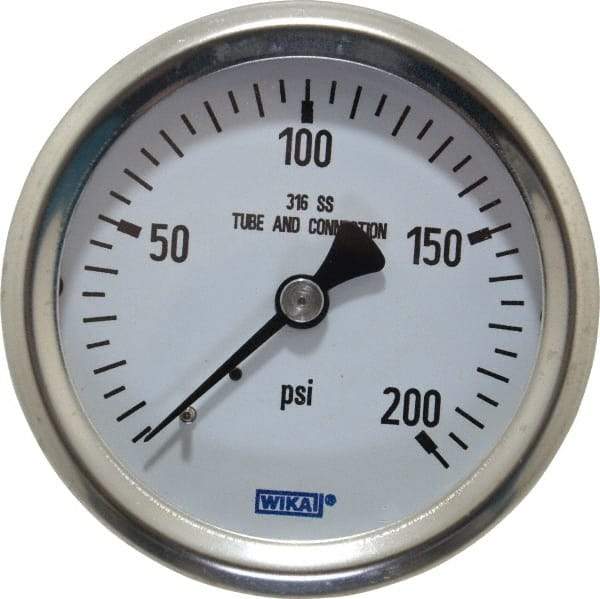 Wika - 2-1/2" Dial, 1/4 Thread, 0-200 Scale Range, Pressure Gauge - Center Back Connection Mount, Accurate to 1.5% of Scale - USA Tool & Supply