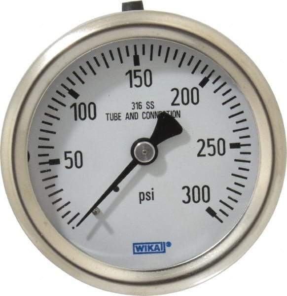 Wika - 2-1/2" Dial, 1/4 Thread, 0-300 Scale Range, Pressure Gauge - Center Back Connection Mount, Accurate to 1.5% of Scale - USA Tool & Supply