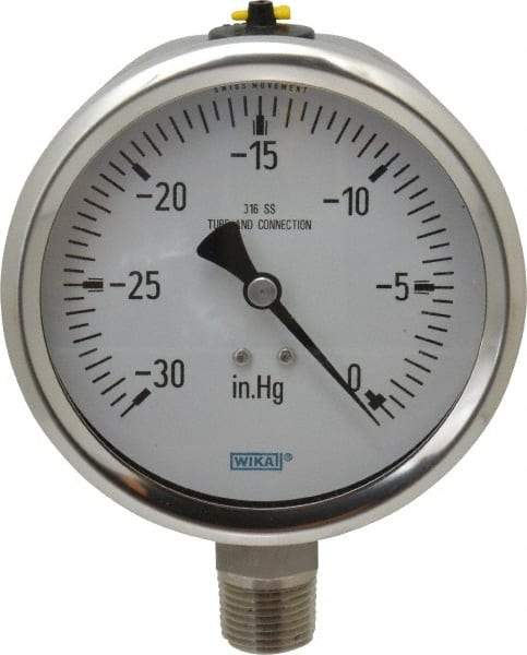 Wika - 4" Dial, 1/2 Thread, 30-0 Scale Range, Pressure Gauge - Lower Connection Mount, Accurate to 1% of Scale - USA Tool & Supply