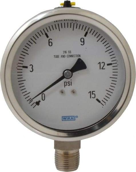 Wika - 4" Dial, 1/2 Thread, 0-15 Scale Range, Pressure Gauge - Lower Connection Mount, Accurate to 1% of Scale - USA Tool & Supply