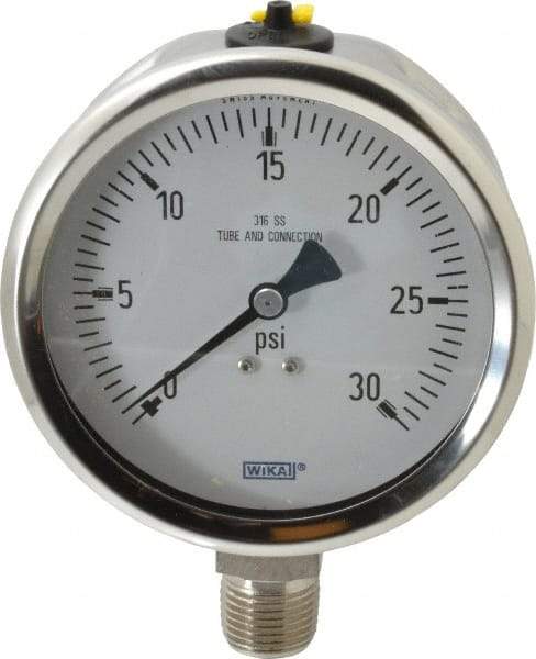 Wika - 4" Dial, 1/2 Thread, 0-30 Scale Range, Pressure Gauge - Lower Connection Mount, Accurate to 1% of Scale - USA Tool & Supply