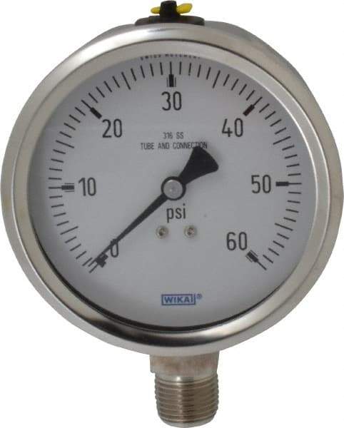 Wika - 4" Dial, 1/2 Thread, 0-60 Scale Range, Pressure Gauge - Lower Connection Mount, Accurate to 1% of Scale - USA Tool & Supply