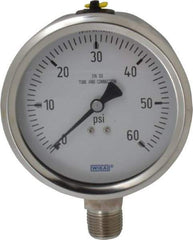 Wika - 4" Dial, 1/2 Thread, 0-60 Scale Range, Pressure Gauge - Lower Connection Mount, Accurate to 1% of Scale - USA Tool & Supply