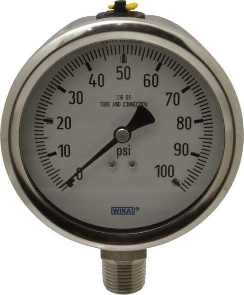 Wika - 4" Dial, 1/2 Thread, 0-100 Scale Range, Pressure Gauge - Lower Connection Mount, Accurate to 1% of Scale - USA Tool & Supply