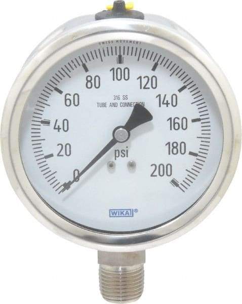 Wika - 4" Dial, 1/2 Thread, 0-200 Scale Range, Pressure Gauge - Lower Connection Mount, Accurate to 1% of Scale - USA Tool & Supply