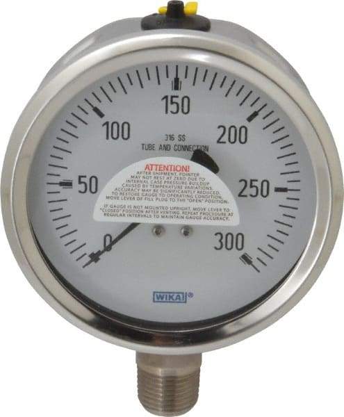 Wika - 4" Dial, 1/2 Thread, 0-300 Scale Range, Pressure Gauge - Lower Connection Mount, Accurate to 1% of Scale - USA Tool & Supply