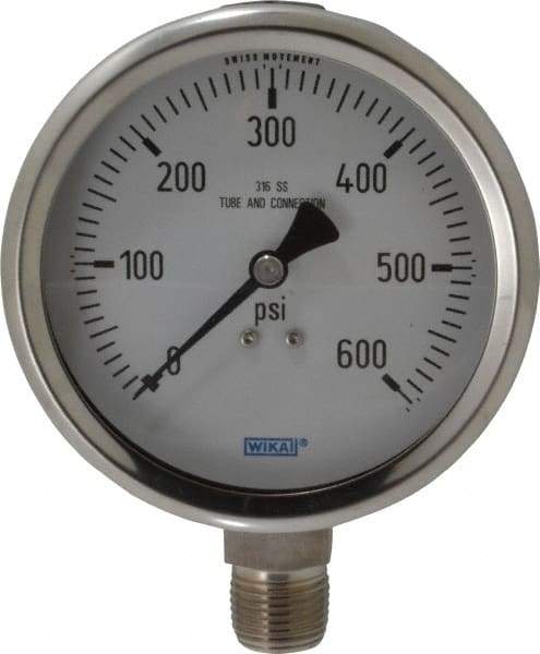 Wika - 4" Dial, 1/2 Thread, 0-600 Scale Range, Pressure Gauge - Lower Connection Mount, Accurate to 1% of Scale - USA Tool & Supply