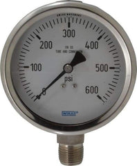 Wika - 4" Dial, 1/2 Thread, 0-600 Scale Range, Pressure Gauge - Lower Connection Mount, Accurate to 1% of Scale - USA Tool & Supply