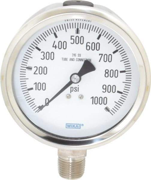 Wika - 4" Dial, 1/2 Thread, 0-1,000 Scale Range, Pressure Gauge - Lower Connection Mount, Accurate to 1% of Scale - USA Tool & Supply