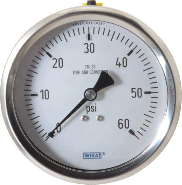 Wika - 4" Dial, 1/2 Thread, 0-60 Scale Range, Pressure Gauge - Lower Back Connection Mount, Accurate to 1% of Scale - USA Tool & Supply