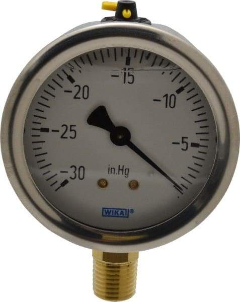 Wika - 2-1/2" Dial, 1/4 Thread, 30-0 Scale Range, Pressure Gauge - Lower Connection Mount, Accurate to 1.5% of Scale - USA Tool & Supply