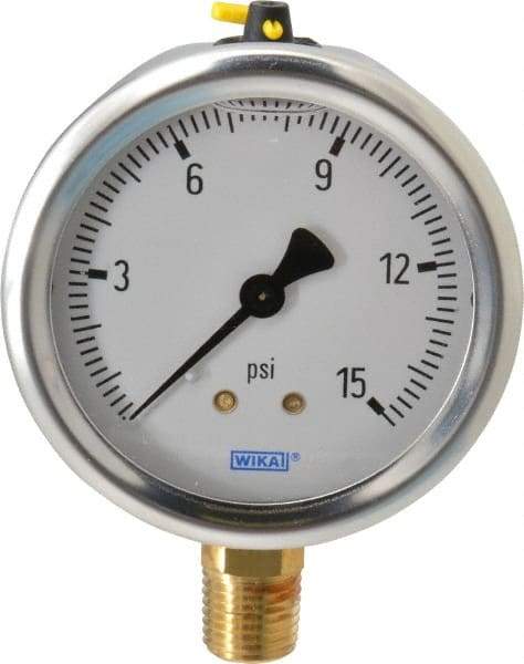 Wika - 2-1/2" Dial, 1/4 Thread, 0-15 Scale Range, Pressure Gauge - Lower Connection Mount, Accurate to 1.5% of Scale - USA Tool & Supply