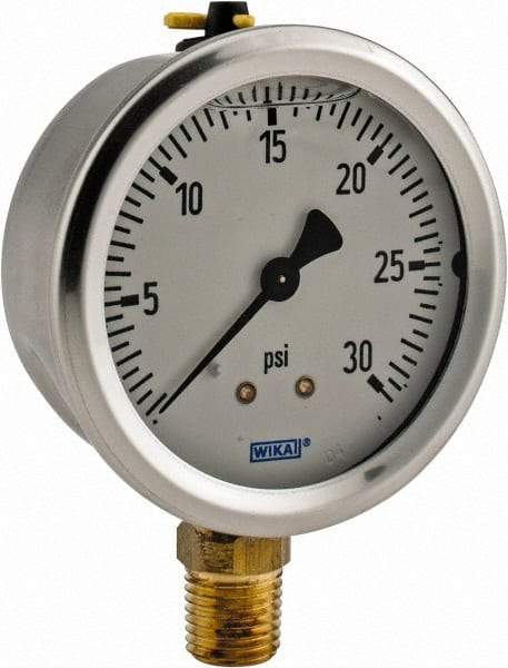 Wika - 2-1/2" Dial, 1/4 Thread, 0-30 Scale Range, Pressure Gauge - Lower Connection Mount, Accurate to 1.5% of Scale - USA Tool & Supply