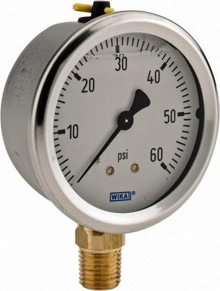 Wika - 2-1/2" Dial, 1/4 Thread, 0-60 Scale Range, Pressure Gauge - Lower Connection Mount, Accurate to 1.5% of Scale - USA Tool & Supply