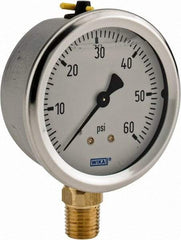 Wika - 2-1/2" Dial, 1/4 Thread, 0-60 Scale Range, Pressure Gauge - Lower Connection Mount, Accurate to 1.5% of Scale - USA Tool & Supply