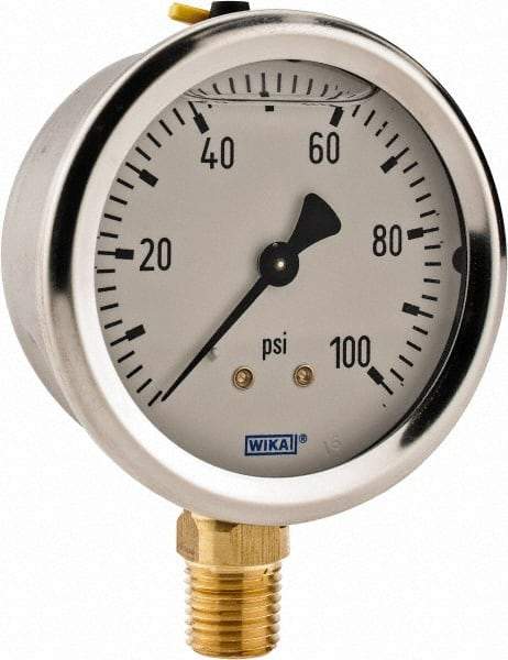 Wika - 2-1/2" Dial, 1/4 Thread, 0-100 Scale Range, Pressure Gauge - Lower Connection Mount, Accurate to 2-1-2% of Scale - USA Tool & Supply