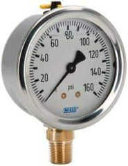 Wika - 2-1/2" Dial, 1/4 Thread, 0-160 Scale Range, Pressure Gauge - Lower Connection Mount, Accurate to 1.5% of Scale - USA Tool & Supply