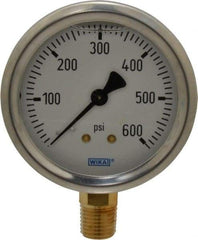 Wika - 2-1/2" Dial, 1/4 Thread, 0-600 Scale Range, Pressure Gauge - Lower Connection Mount, Accurate to 1.5% of Scale - USA Tool & Supply