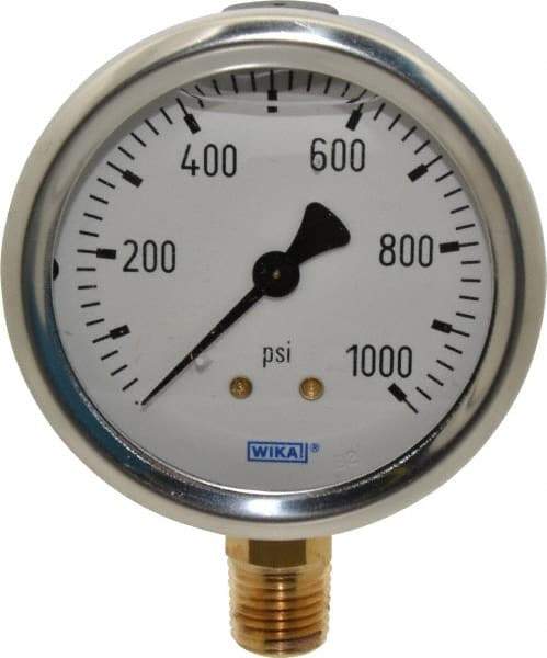 Wika - 2-1/2" Dial, 1/4 Thread, 0-1,000 Scale Range, Pressure Gauge - Lower Connection Mount, Accurate to 1.5% of Scale - USA Tool & Supply