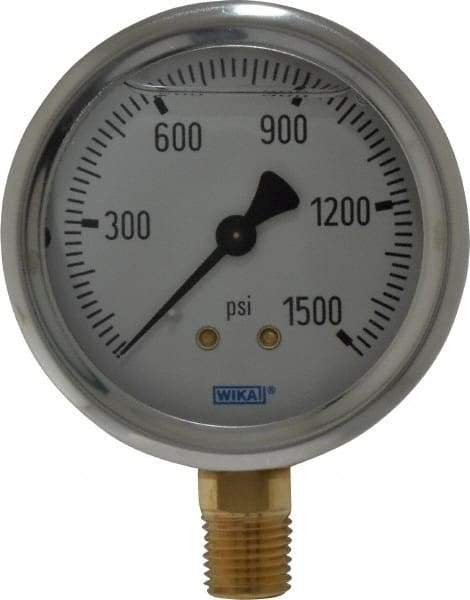 Wika - 2-1/2" Dial, 1/4 Thread, 0-1,500 Scale Range, Pressure Gauge - Lower Connection Mount, Accurate to 1.5% of Scale - USA Tool & Supply