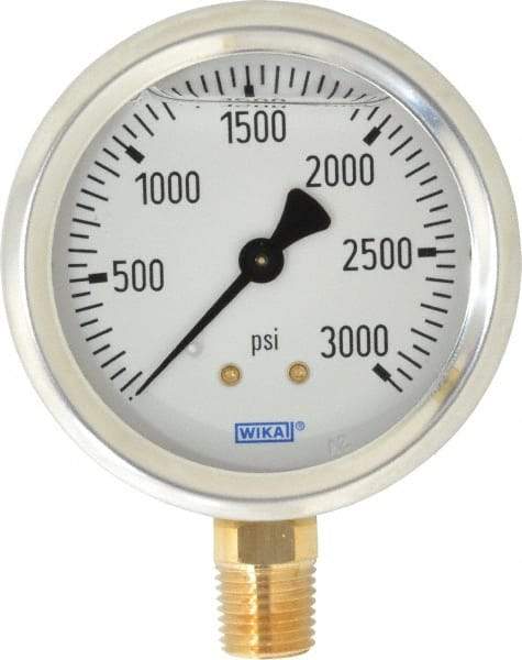Wika - 2-1/2" Dial, 1/4 Thread, 0-3,000 Scale Range, Pressure Gauge - Lower Connection Mount, Accurate to 1.5% of Scale - USA Tool & Supply