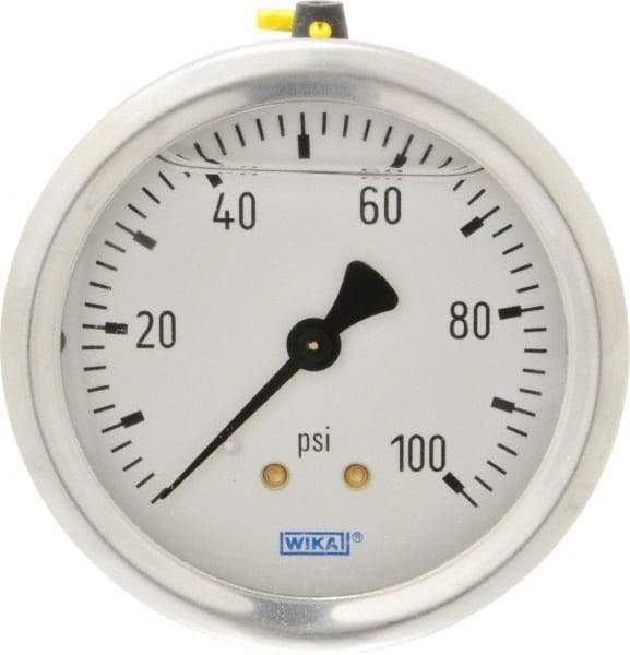 Wika - 2-1/2" Dial, 1/4 Thread, 0-100 Scale Range, Pressure Gauge - Center Back Connection Mount, Accurate to 1.5% of Scale - USA Tool & Supply