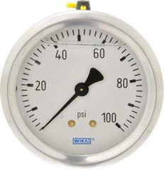 Wika - 2-1/2" Dial, 1/4 Thread, 0-100 Scale Range, Pressure Gauge - Center Back Connection Mount, Accurate to 1.5% of Scale - USA Tool & Supply