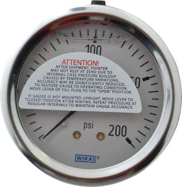 Wika - 2-1/2" Dial, 1/4 Thread, 0-200 Scale Range, Pressure Gauge - Center Back Connection Mount, Accurate to 1.5% of Scale - USA Tool & Supply