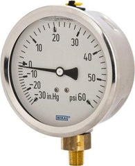 Wika - 4" Dial, 1/4 Thread, 30-0-60 Scale Range, Pressure Gauge - Lower Connection Mount, Accurate to 1% of Scale - USA Tool & Supply