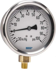 Wika - 4" Dial, 1/4 Thread, 30-0-100 Scale Range, Pressure Gauge - Lower Connection Mount, Accurate to 1% of Scale - USA Tool & Supply