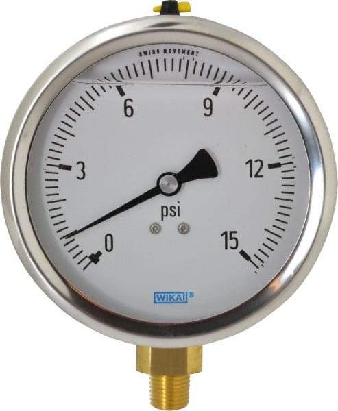 Wika - 4" Dial, 1/4 Thread, 0-15 Scale Range, Pressure Gauge - Lower Connection Mount, Accurate to 1% of Scale - USA Tool & Supply