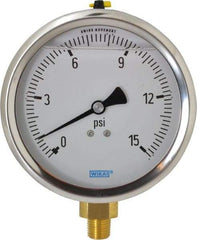 Wika - 4" Dial, 1/4 Thread, 0-15 Scale Range, Pressure Gauge - Lower Connection Mount, Accurate to 1% of Scale - USA Tool & Supply