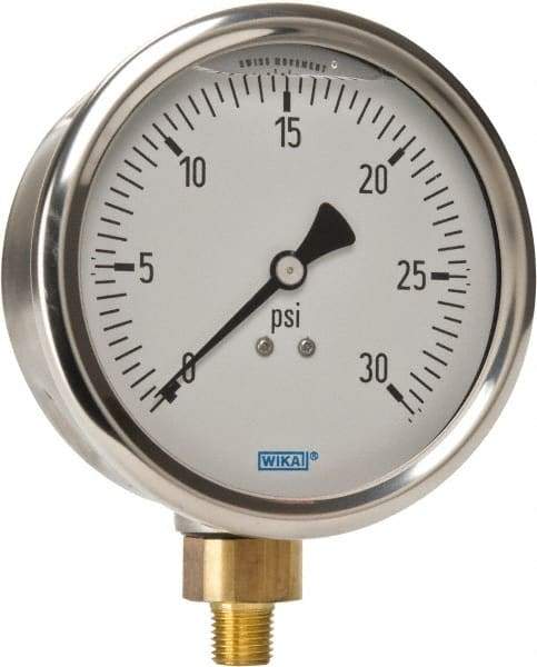 Wika - 4" Dial, 1/4 Thread, 0-30 Scale Range, Pressure Gauge - Lower Connection Mount, Accurate to 1% of Scale - USA Tool & Supply