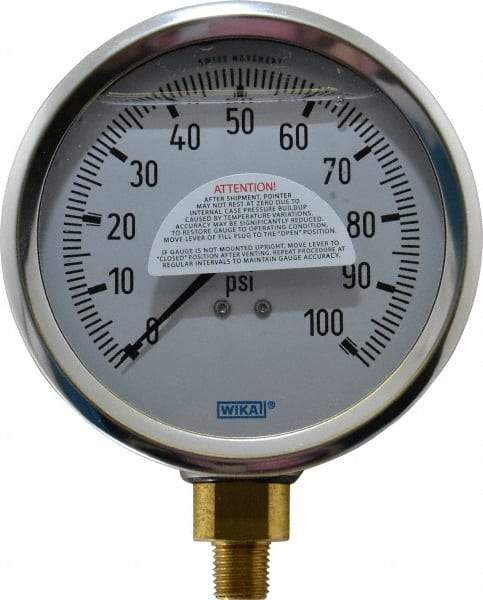 Wika - 4" Dial, 1/4 Thread, 0-100 Scale Range, Pressure Gauge - Lower Connection Mount, Accurate to 1% of Scale - USA Tool & Supply