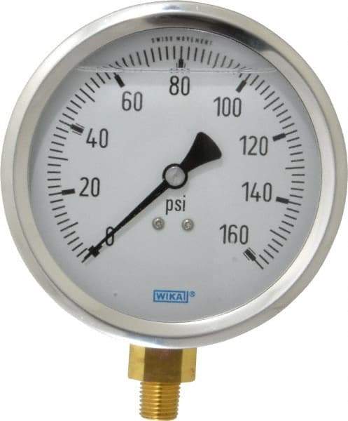 Wika - 4" Dial, 1/4 Thread, 0-160 Scale Range, Pressure Gauge - Lower Connection Mount, Accurate to 1% of Scale - USA Tool & Supply