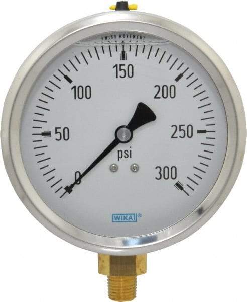 Wika - 4" Dial, 1/4 Thread, 0-300 Scale Range, Pressure Gauge - Lower Connection Mount, Accurate to 1% of Scale - USA Tool & Supply