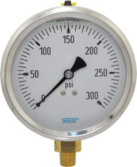 Wika - 4" Dial, 1/4 Thread, 0-300 Scale Range, Pressure Gauge - Lower Connection Mount, Accurate to 1% of Scale - USA Tool & Supply