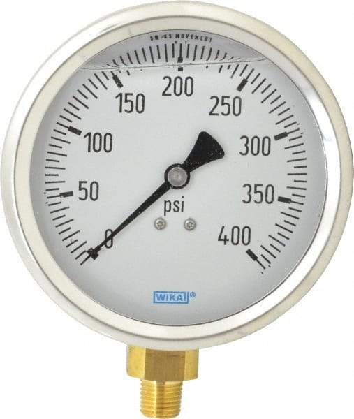 Wika - 4" Dial, 1/4 Thread, 0-400 Scale Range, Pressure Gauge - Lower Connection Mount, Accurate to 1% of Scale - USA Tool & Supply