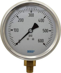 Wika - 4" Dial, 1/4 Thread, 0-600 Scale Range, Pressure Gauge - Lower Connection Mount, Accurate to 1% of Scale - USA Tool & Supply