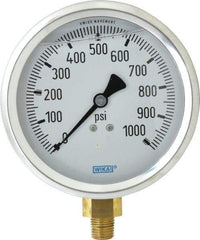 Wika - 4" Dial, 1/4 Thread, 0-1,000 Scale Range, Pressure Gauge - Lower Connection Mount, Accurate to 1% of Scale - USA Tool & Supply