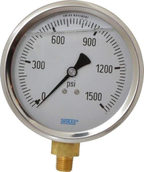 Wika - 4" Dial, 1/4 Thread, 0-1,500 Scale Range, Pressure Gauge - Lower Connection Mount, Accurate to 1% of Scale - USA Tool & Supply