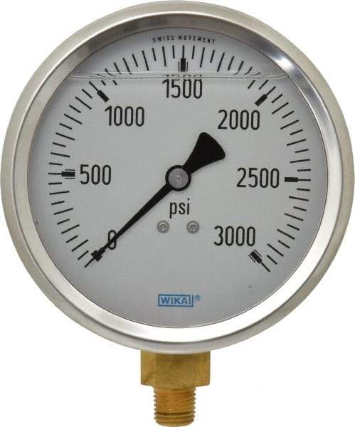 Wika - 4" Dial, 1/4 Thread, 0-3,000 Scale Range, Pressure Gauge - Lower Connection Mount, Accurate to 1% of Scale - USA Tool & Supply